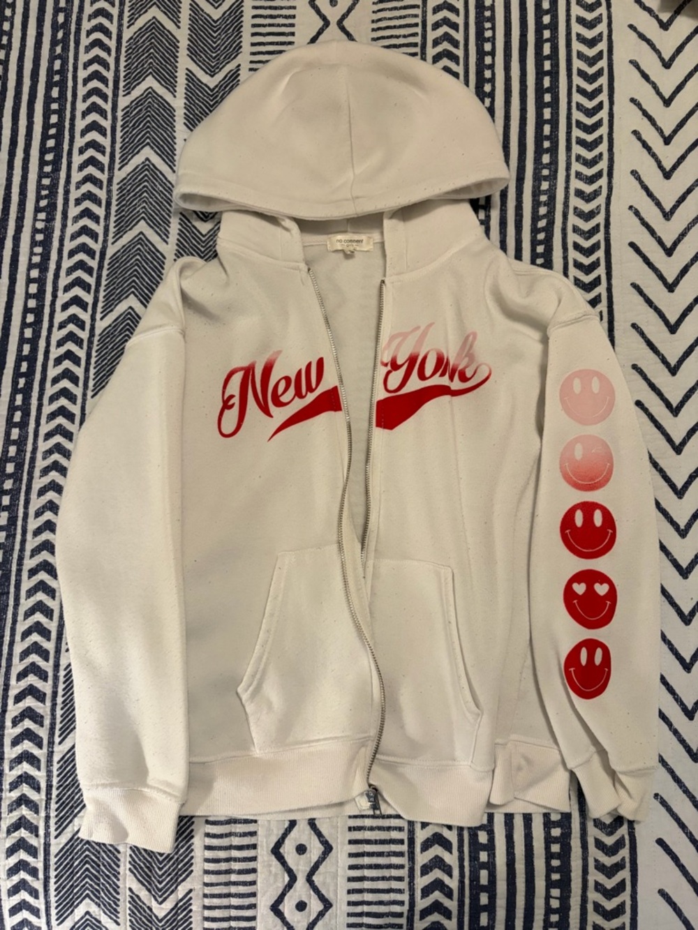 Kids White 'New York' Zip Hoodie with Red Smile Icons